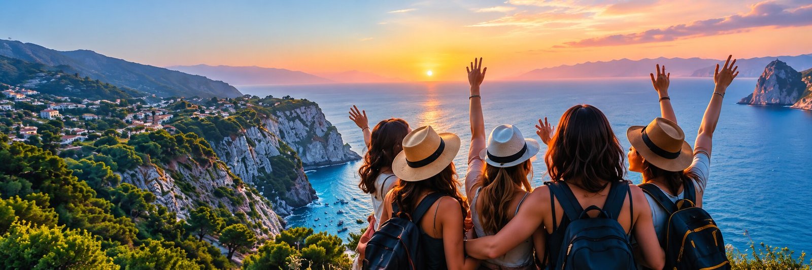 Women exploring the coast at sunset