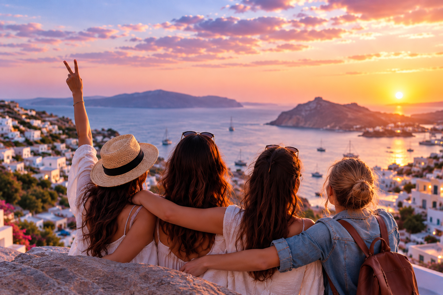 Women overlooking a coastal sunset together